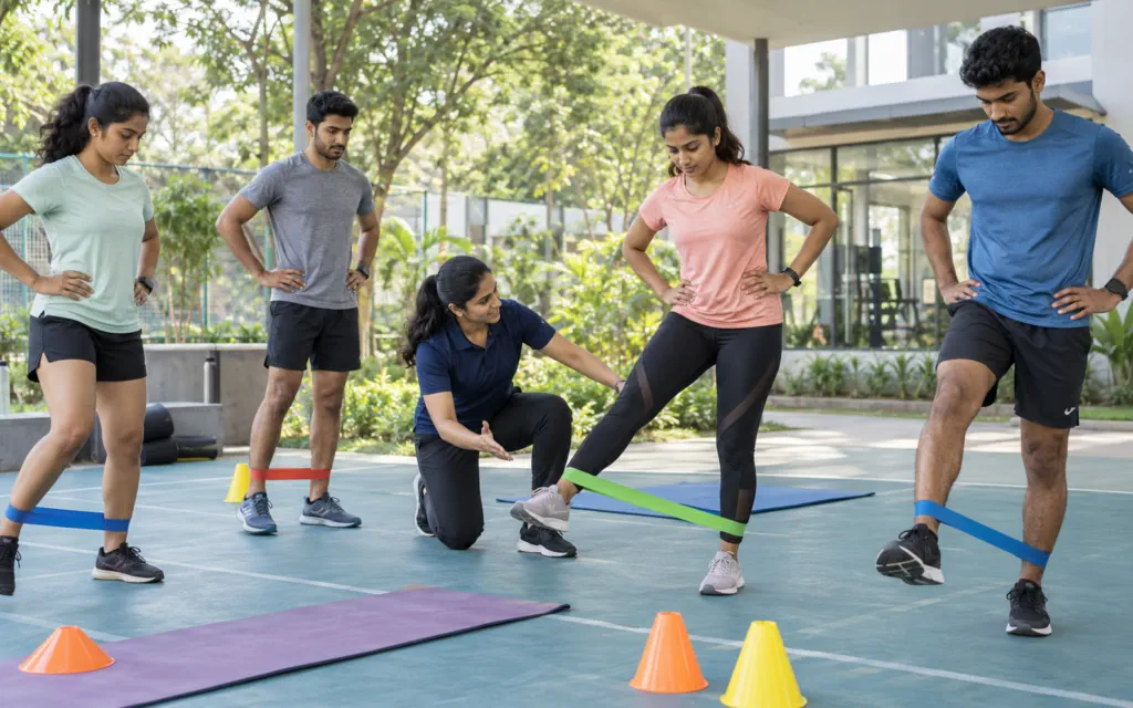 Young adults practising resistance-band exercises at a sports injury prevention camp