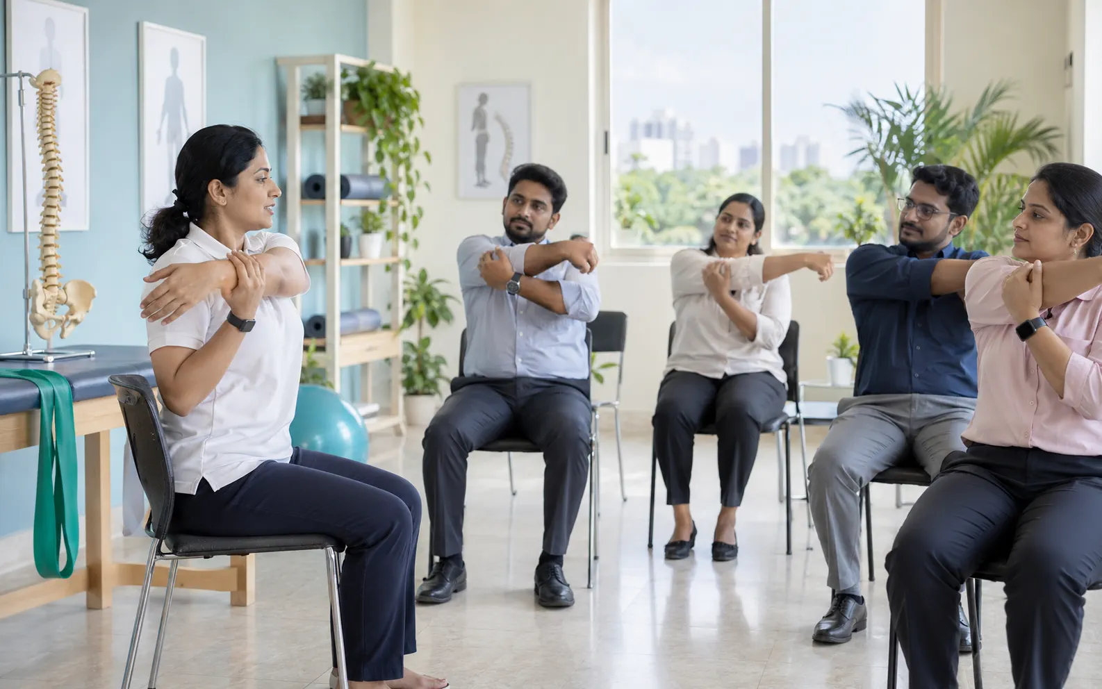 Physiotherapist leading a workplace posture and shoulder mobility session